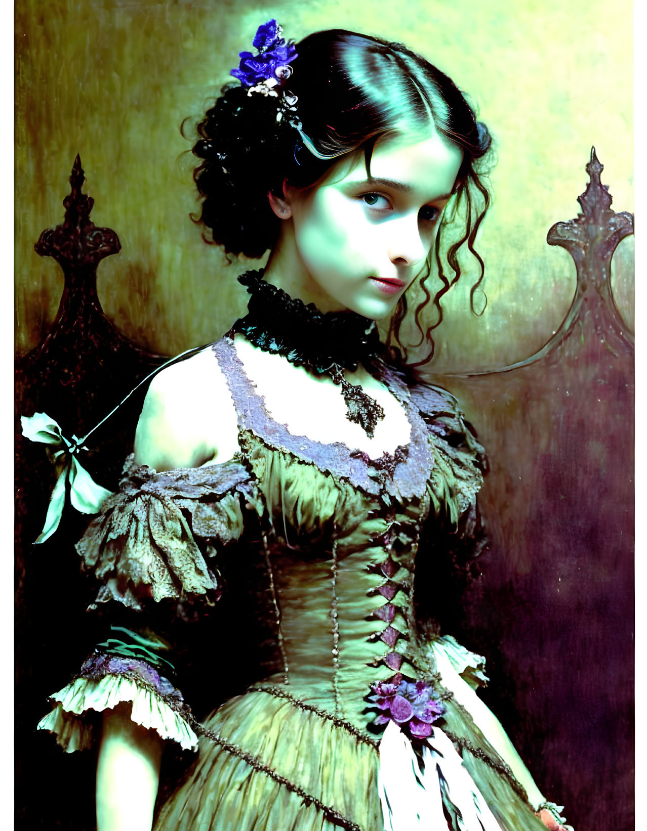 Victorian-style portrait of woman with green eyes in lace dress