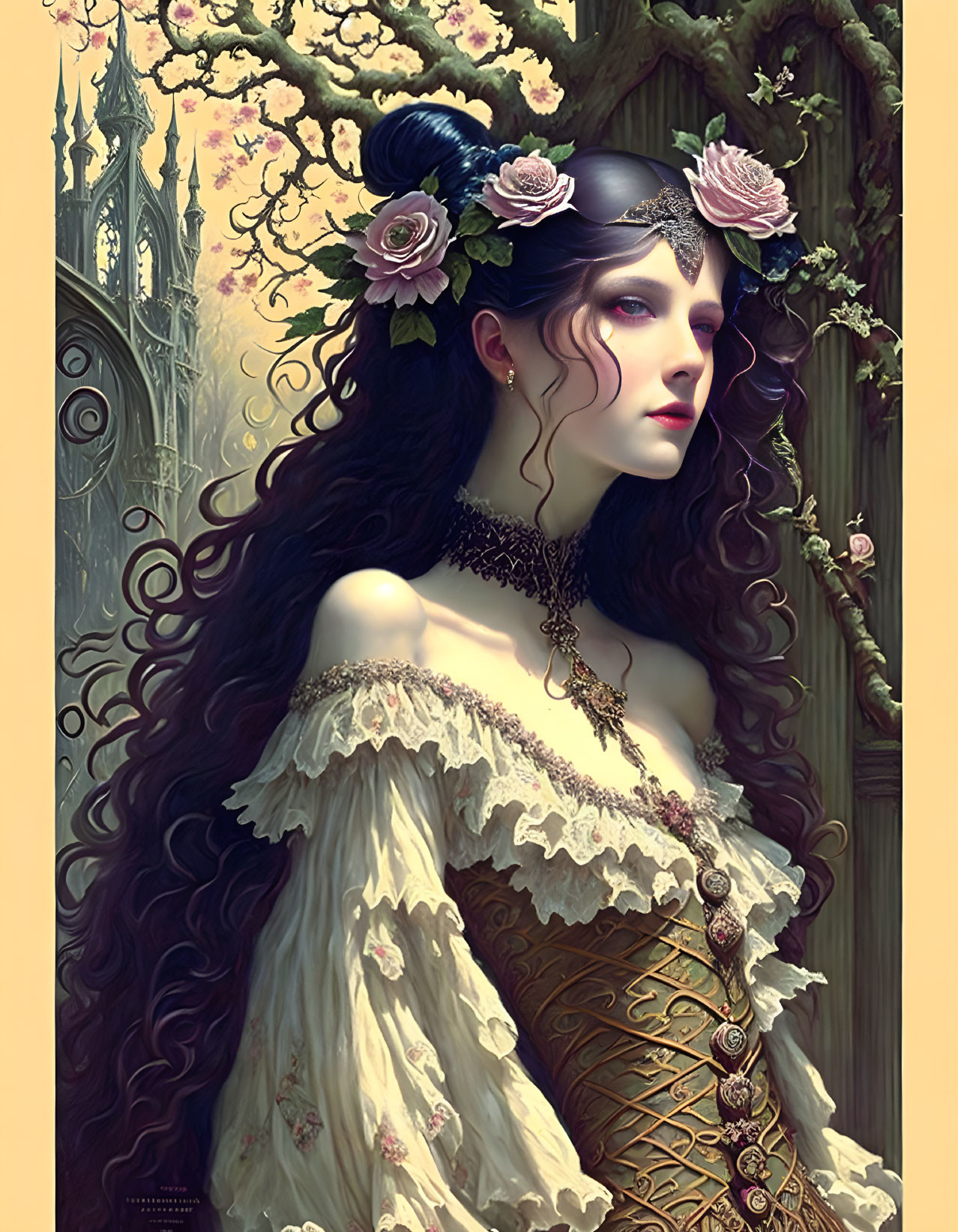 Fantasy digital art of a woman with long wavy hair in floral headdress and medieval dress in