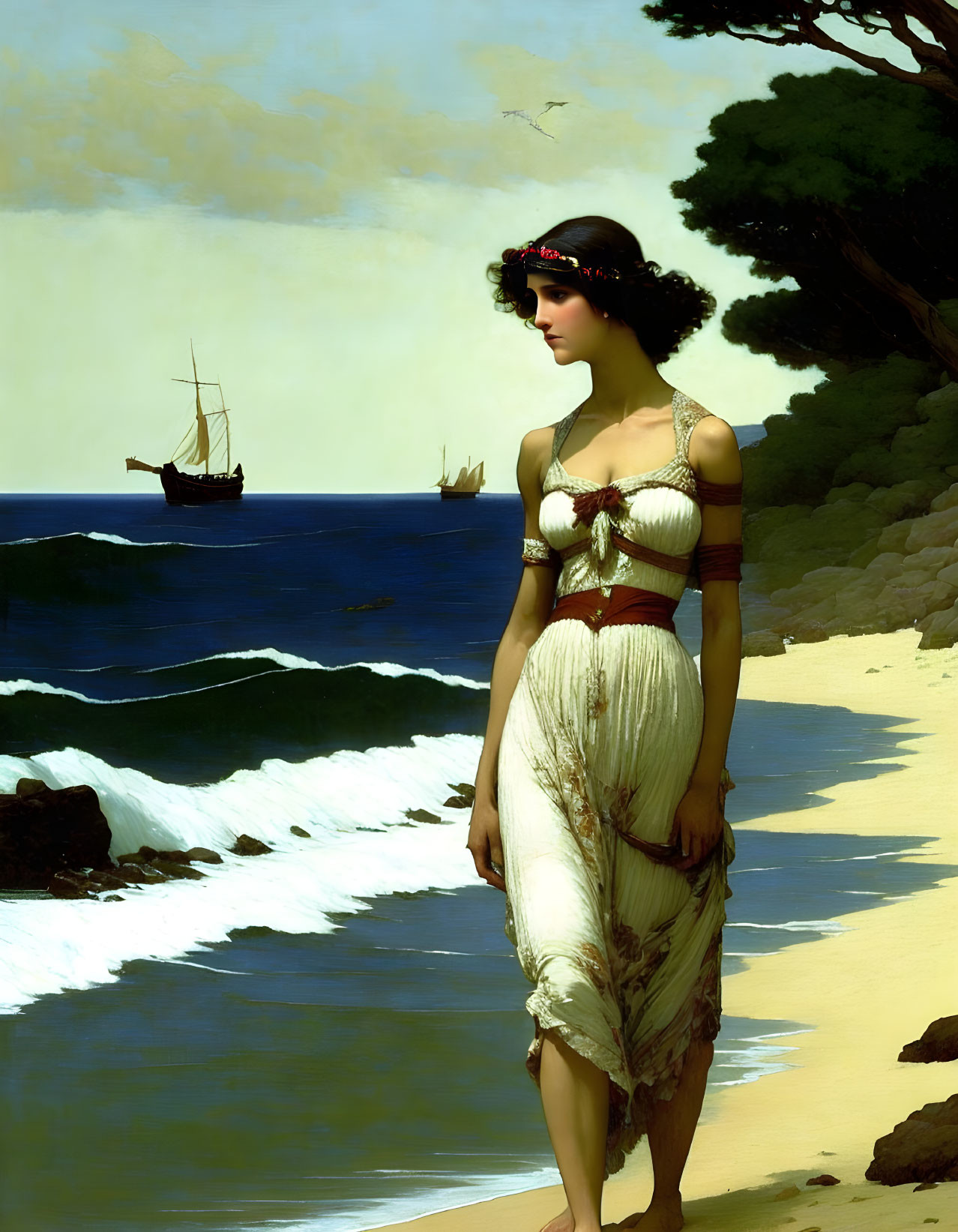 Classical Attired Woman on Beach with Sailboats in Distance