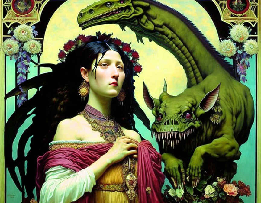 Classical portrait of a woman merged with green serpent and surreal creature in floral collage