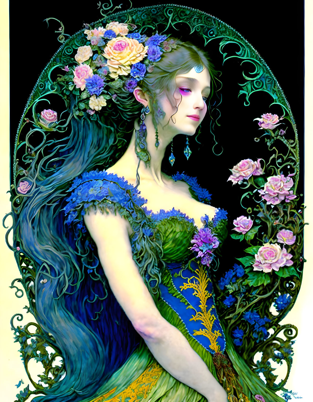 Illustration: Woman with Blue Hair in Floral Dress & Ornate Oval Frame