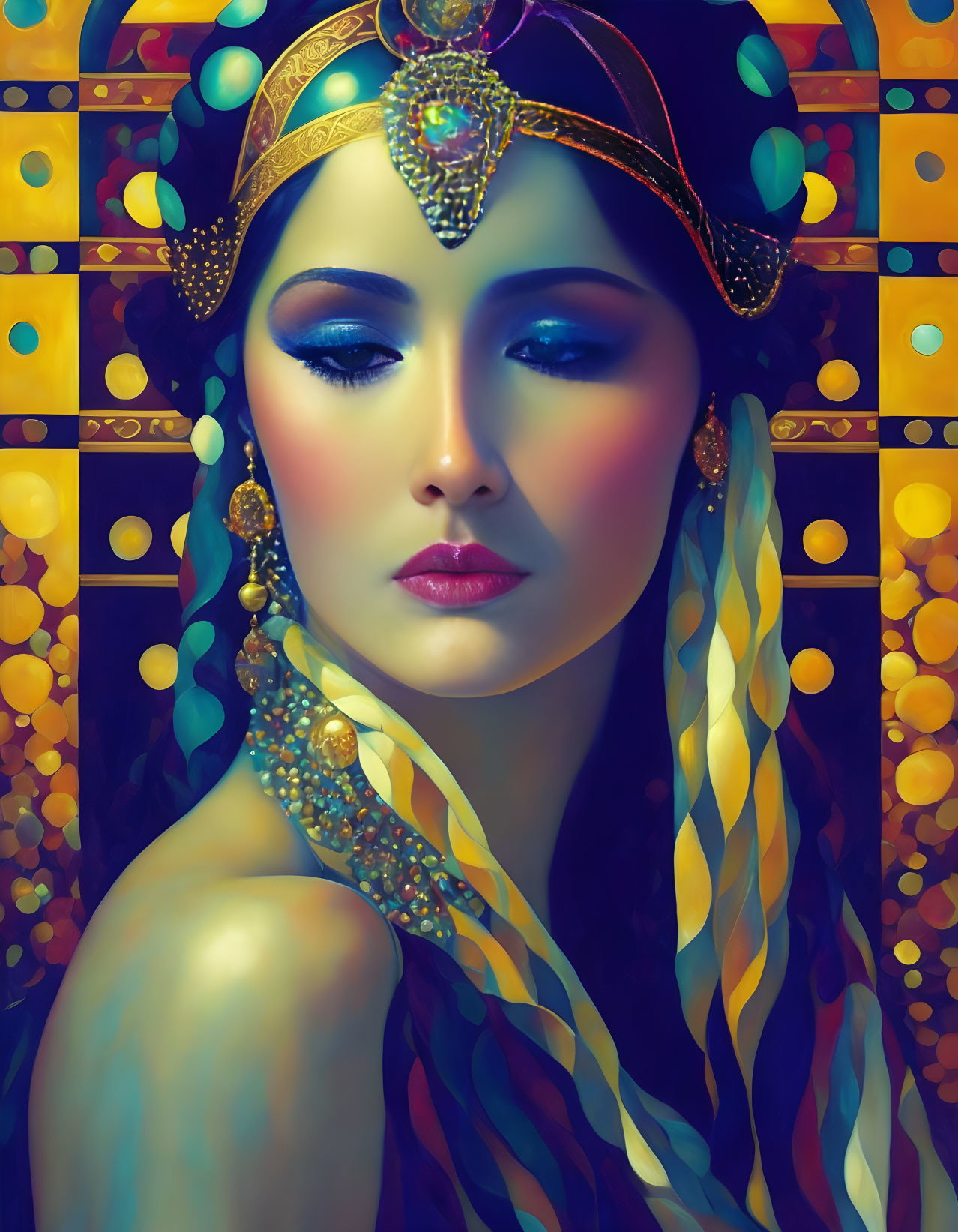 Vibrant artistic portrait of a woman with exotic makeup and headdress in blues and golds