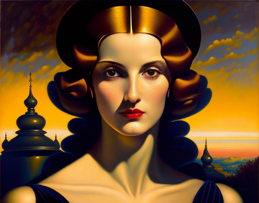 Stylized woman with dark hair and ornate headdress in sunset painting