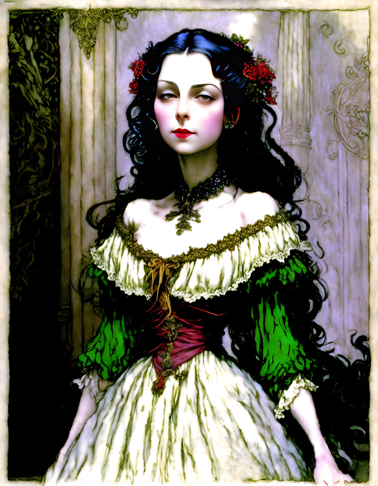 Illustrated woman with pale skin and black hair in off-the-shoulder gown with flowers on vintage