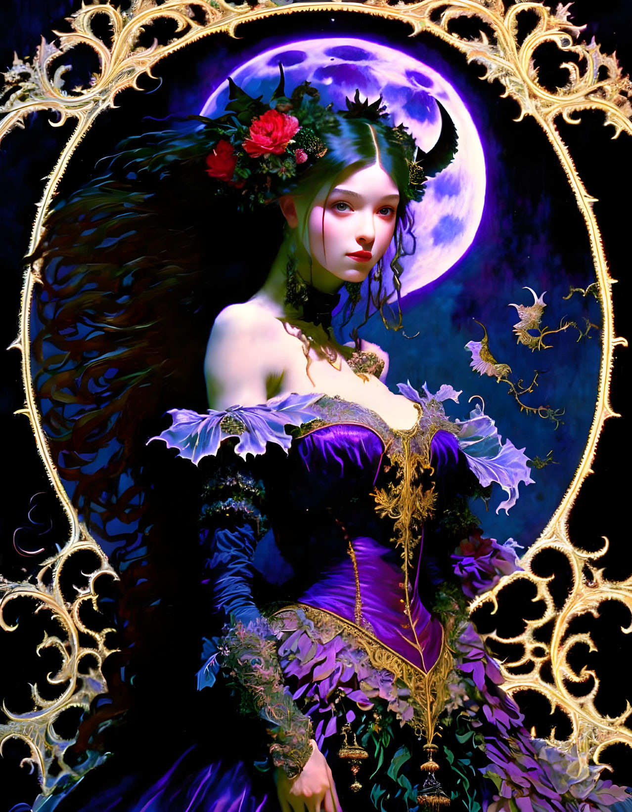 Elaborately dressed woman portrait against moon backdrop