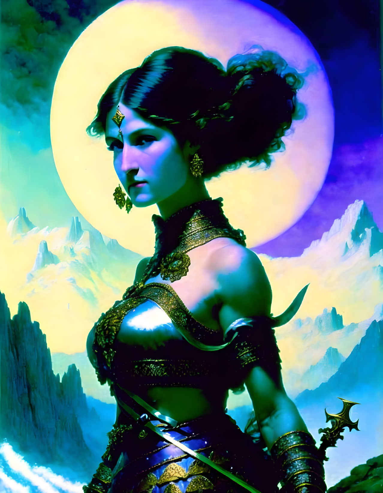 Dark-haired woman in ornate armor under full moon with mountain backdrop