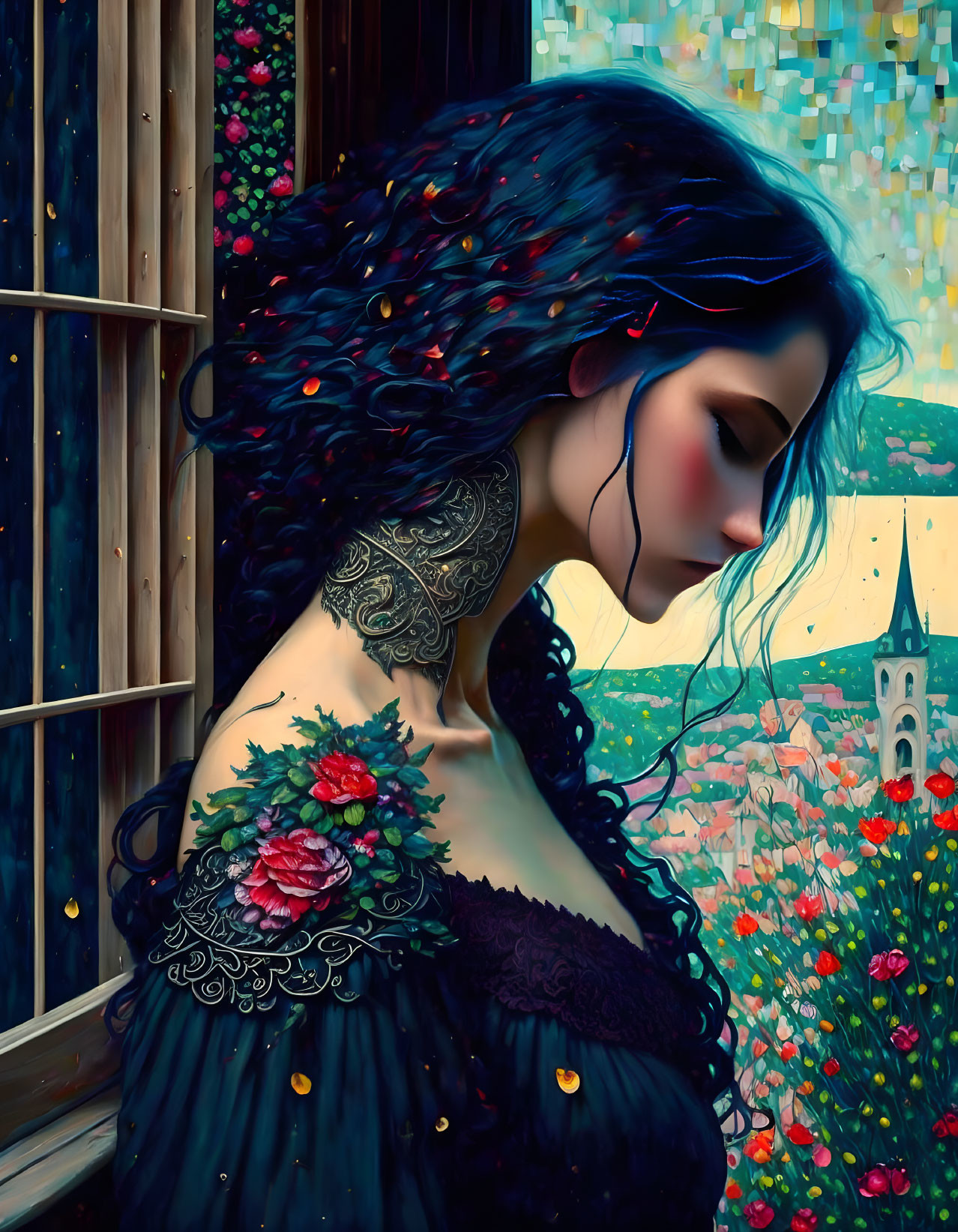 Illustrated woman with dark hair and floral tattoo looking out window at colorful landscape