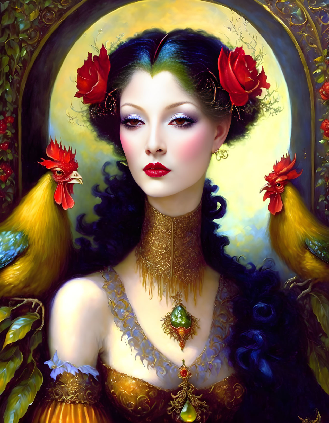 Illustrated woman with green hair, red roses, and red roosters on golden ornate backdrop