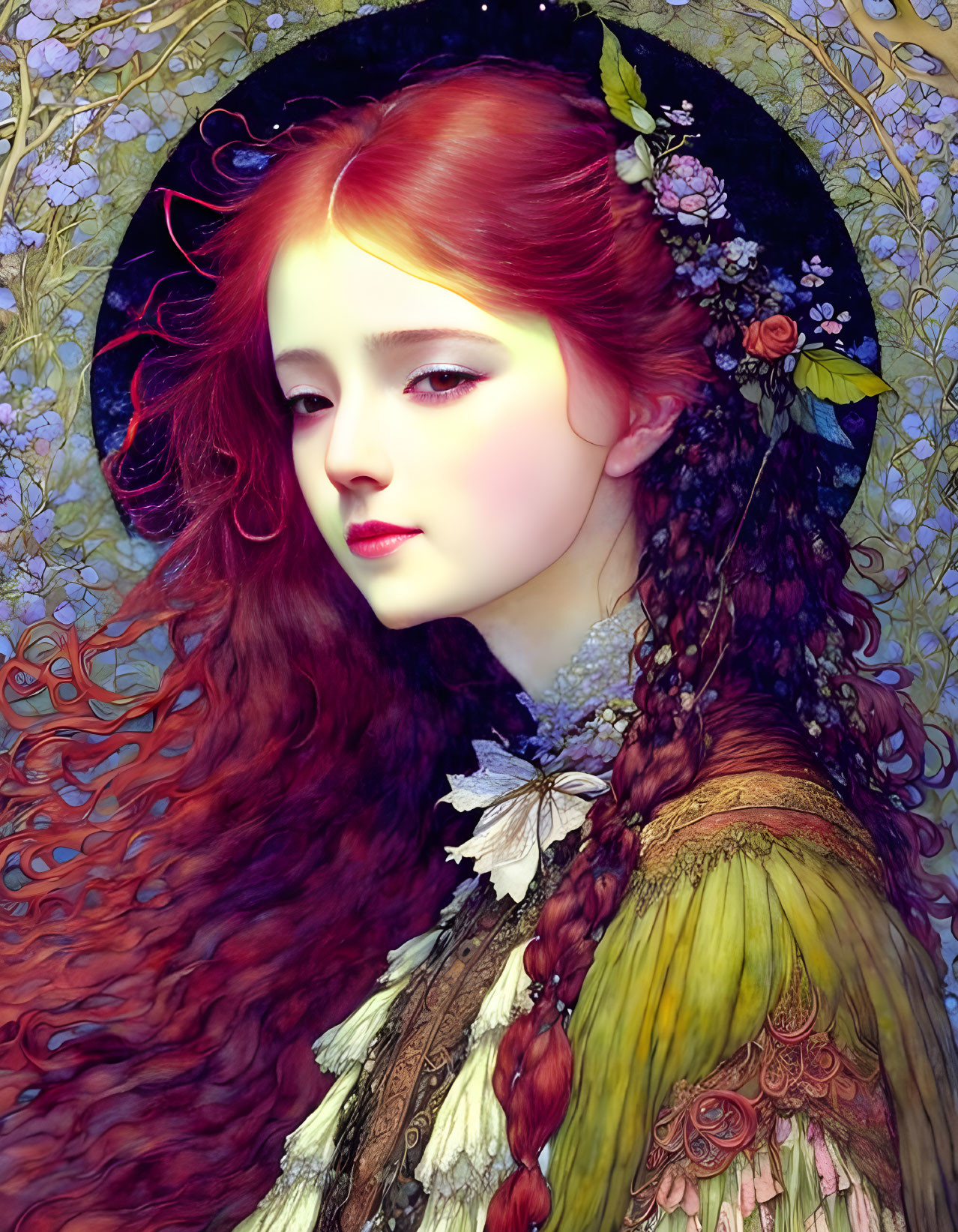 Portrait of a lady with long red hair in decorative hat and floral outfit