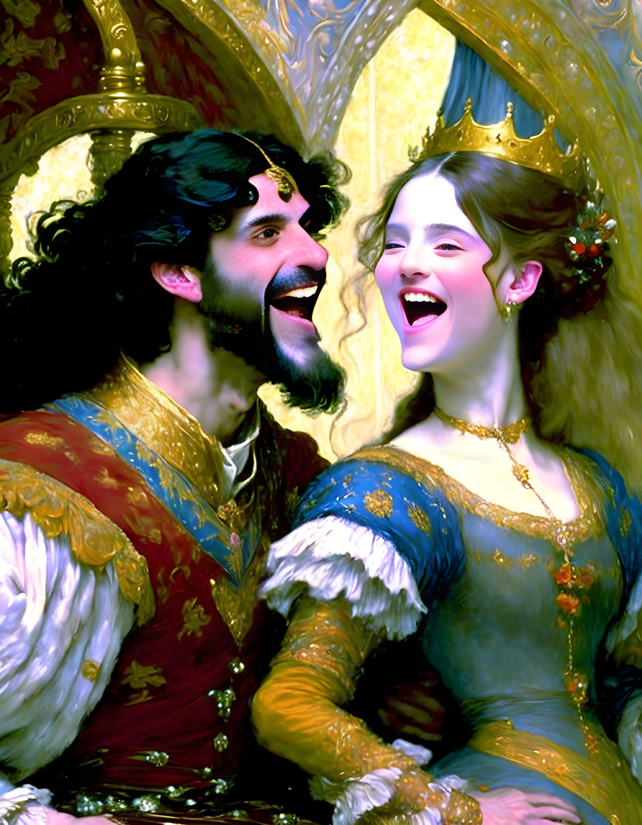 Medieval couple in red and blue opulent attire laughing together