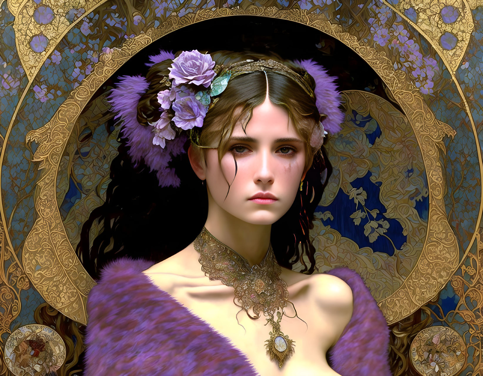 Digital Artwork: Woman with Purple Flowers, Fur Stole, and Golden Background