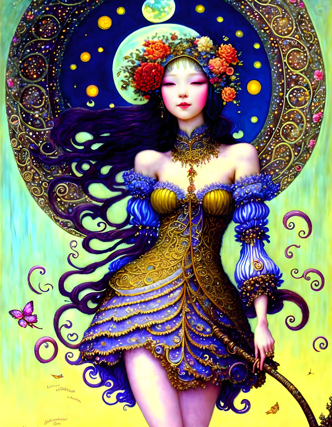 Colorful artwork: woman with purple hair and ornate dress, butterfly in circular motif