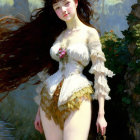 Woman with flowing hair and flower-adorned dress by water.