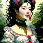 Traditional attire illustration of a woman with floral hair, ornate necklace, and colorful makeup.