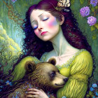 Woman in green dress with bear, violet flowers, and butterfly.