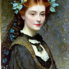 Portrait of woman with auburn hair and blue flower hair accessories in black and cream dress on star