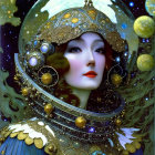 Woman in ornate space-inspired helmet with planets and stars and gold and blue jewels symbolizing cosmic royalty