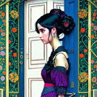 Digital artwork: Woman in purple dress by blue door with flowers