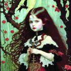 Young girl with staff by twisted tree and yellow moon