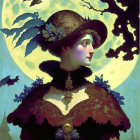 Victorian-era woman in ornate hat and dress with moon and silhouetted birds.