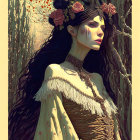 Fantasy digital art of a woman with long wavy hair in floral headdress and medieval dress in