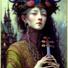 Portrait of woman in black hat with red flowers, holding a violin by castle spires