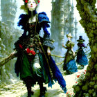 Young woman in blue period dress near stone arch with fantasy castle and ship.