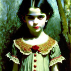 Young girl in vintage green dress with lace collar and red accents.