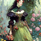 Victorian-era woman in green floral dress in lush garden