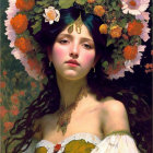 Portrait of woman with dark hair in floral setting wearing jeweled headpiece and off-shoulder dress