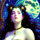 Woman illustration with cosmic motifs and celestial jewelry in starry sky backdrop