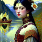 Regal woman in traditional attire by serene lake