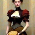 Victorian woman with pie and intense gaze in black lace gloves