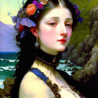 Serene woman portrait with flower-adorned hair and seascape backdrop