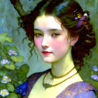 Young woman with curly brown hair, butterfly, purple dress, blue flowers.