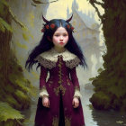 Fantasy illustration of girl with horns in boat, burgundy dress, forested waterway, castle