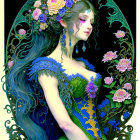 Illustration: Woman with Blue Hair in Floral Dress & Ornate Oval Frame