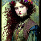 Detailed painting: Woman with auburn hair, adorned with flowers and feathers, in vintage high-c