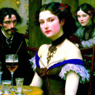 Victorian-themed artwork with man and two women at a table, one woman in blue attire.