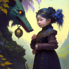 Stoic child faces green dragon in regal attire
