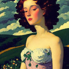 Digital Artwork: Classic Portrait of Woman with Curly Hair and Rural Landscape Background