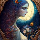 Surreal blue-haired woman in moonlit forest with butterflies