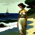 Classical Attired Woman on Beach with Sailboats in Distance