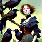 Victorian woman with ravens on pastel background.