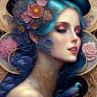 Detailed artwork: Woman with blue curly hair, golden ornaments, pink roses, small bird, intricate patterns