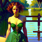 Curly-Haired Woman in Green Corset Dress by Lake