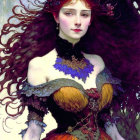 Digital artwork: Woman with red hair in purple and gold Victorian dress