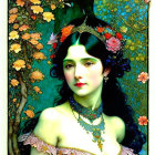 Stylized portrait of woman with floral crown and vibrant nature backdrop