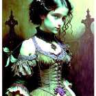 Victorian-style portrait of woman with green eyes in lace dress