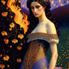 Detailed Illustration of Woman in Blue and Gold Gown with Black Hair